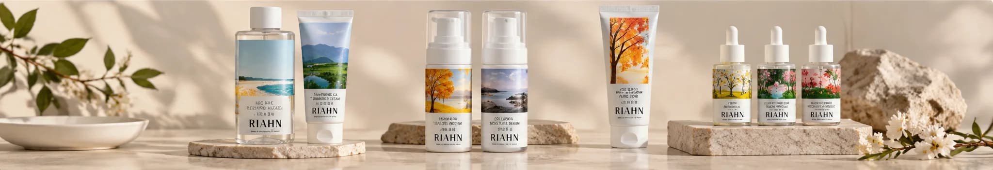 The RIAHN collection lined up on stone slabs along a bathroom counter.