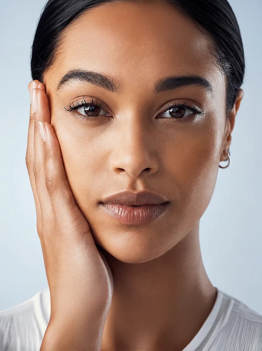 A woman looking straight at the camera, one hand resting against her cheek.