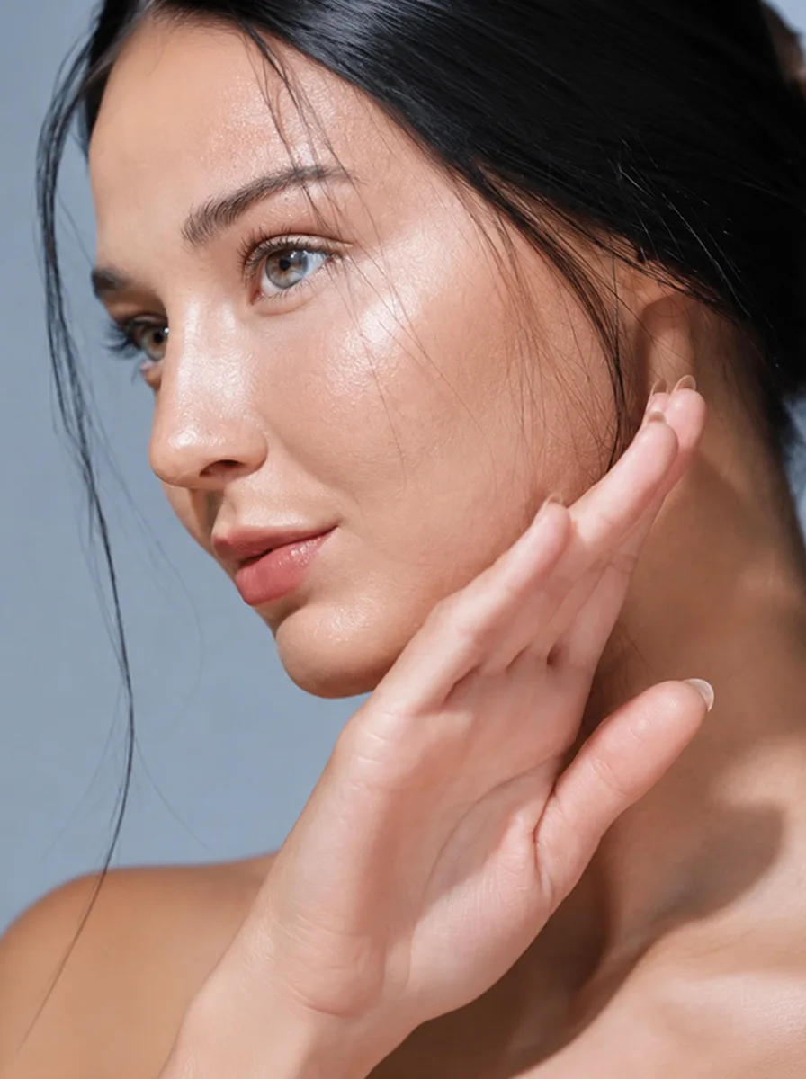 A dark-haired woman in profile against a grey-blue wall, fingertips resting on her jaw.